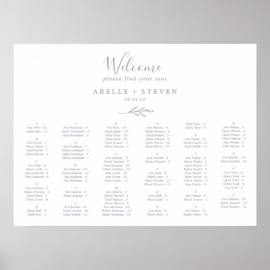 Minimale Leaf Dusty Blue Alphabetical Seating Char Poster (Vorne)