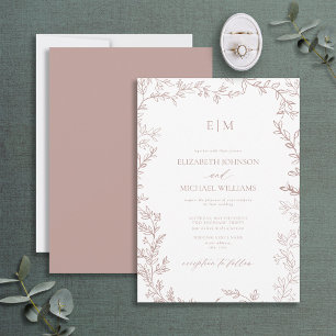 Minimale Leaf Dusty Rose Elegante Monogramm Hochze Einladung