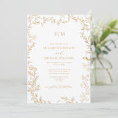Minimale Leaf Gold Elegante Monogram Wedding Einladung (Stehend Vorderseite)