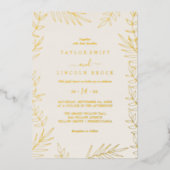 Minimale Leaf Gold Foil & Elfenbeinrahmen Hochzeit Folieneinladung (Vorderseite)