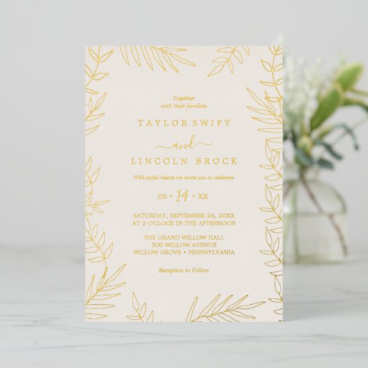 Minimale Leaf Gold Foil & Elfenbeinrahmen Hochzeit Folieneinladung (Stehend vorne)