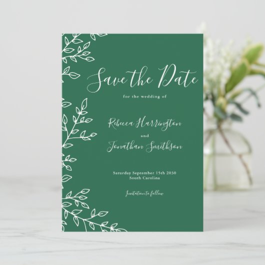 Minimale Leaf grüne Hochzeit speichern das Datum Einladung (Stehend Vorderseite)