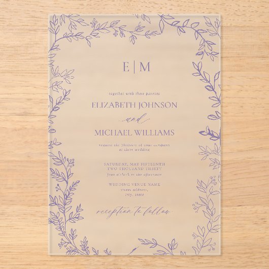Minimale Leaf Lavender Elegant Monogram Wedding Acryleinladungen (Vorderseite)
