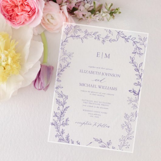 Minimale Leaf Lavender Elegant Monogram Wedding Acryleinladungen