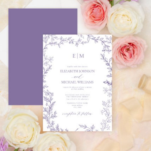Minimale Leaf Lavender Elegant Monogram Wedding Einladung