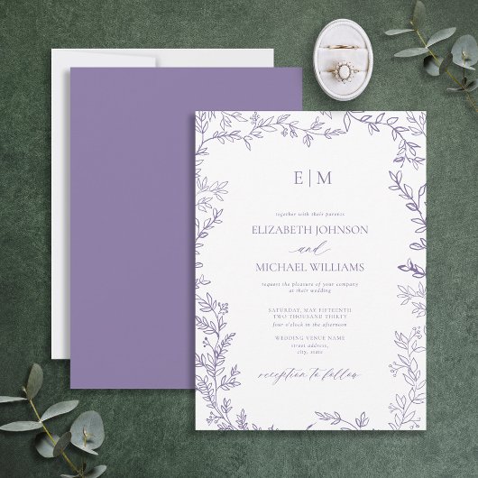 Minimale Leaf Lavender Elegant Monogram Wedding Einladung