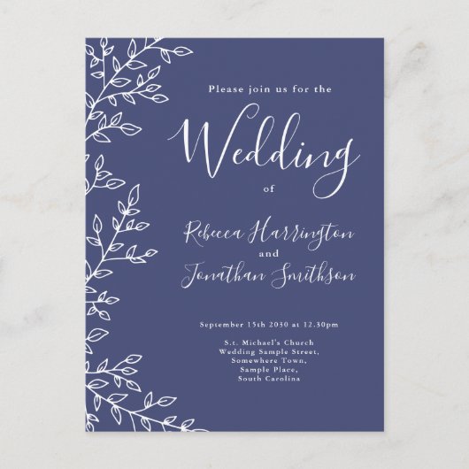 Minimale Leaf Navy Blue Hochzeit Einladung Postkar (Vorderseite)