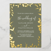 Minimale Leaf Pflaume Lila und Gold Foil Wedding Folieneinladung (Vorderseite)