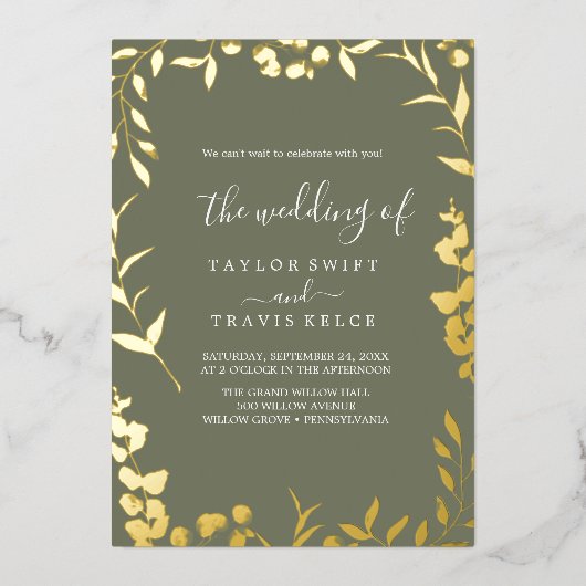 Minimale Leaf Pflaume Lila und Gold Foil Wedding Folieneinladung (Vorderseite)
