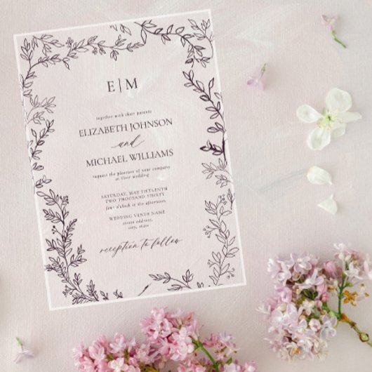 Minimale Leaf Pum Lila Elegant Monogram Wedding Acryleinladungen