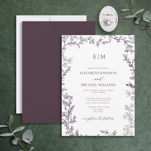 Minimale Leaf Pum Lila Elegant Monogram Wedding Einladung