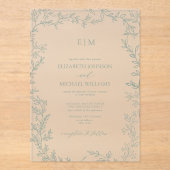 Minimale Leaf Sage Green Elegant Monogram Wedding Acryleinladungen (Vorderseite)