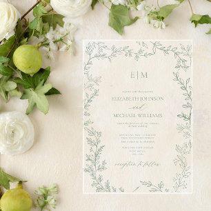 Minimale Leaf Sage Green Elegant Monogram Wedding Acryleinladungen
