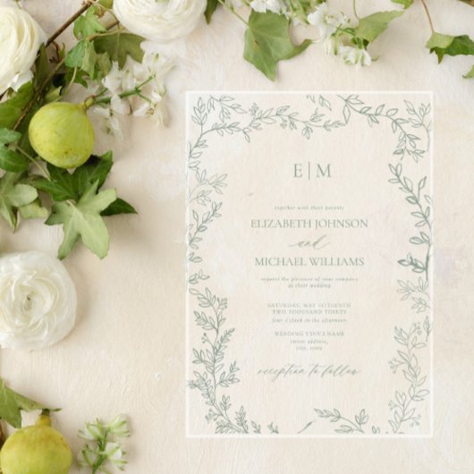 Minimale Leaf Sage Green Elegant Monogram Wedding Acryleinladungen