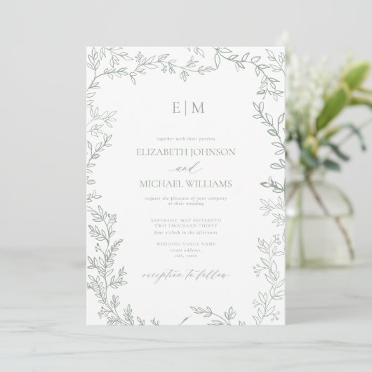 Minimale Leaf Sage Green Elegant Monogram Wedding Einladung (Stehend Vorderseite)