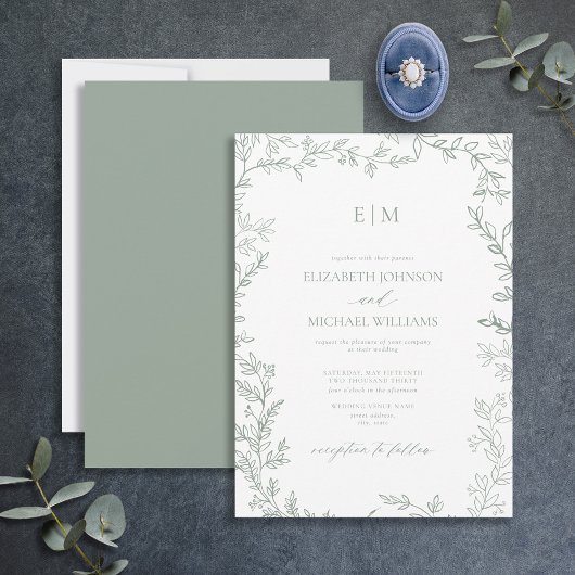 Minimale Leaf Sage Green Elegant Monogram Wedding Einladung