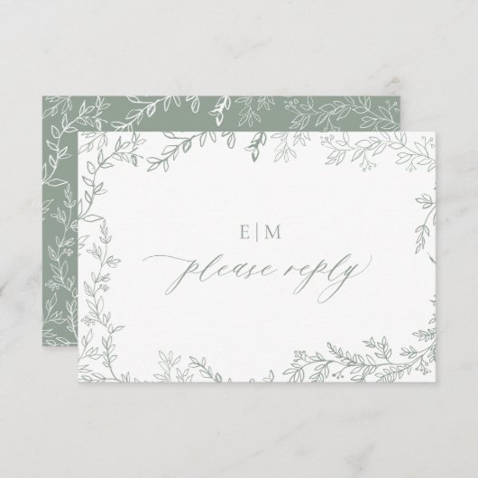 Minimale Leaf Sage Green Elegant Monogram Wedding RSVP Karte (Vorne/Hinten)