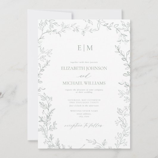 Minimale Leaf Sage Green Foto Monogram Wedding Einladung (Vorderseite)