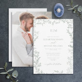 Minimale Leaf Sage Green Foto Monogram Wedding Einladung
