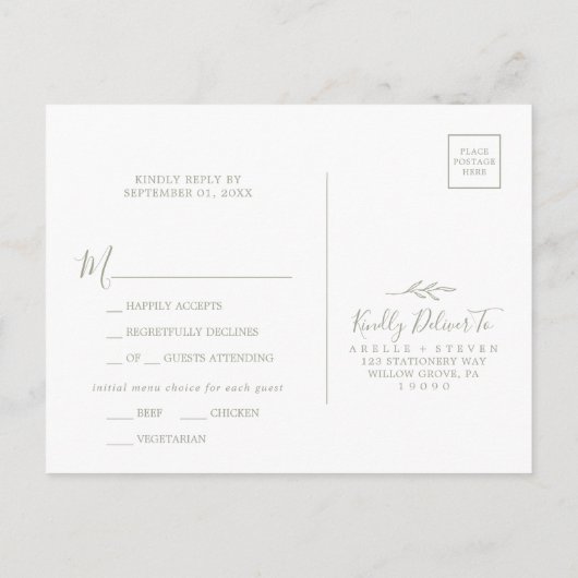 Minimale Leaf Sage Green Menü Auswahl UAWG Postkar Einladungspostkarte (Rückseite)