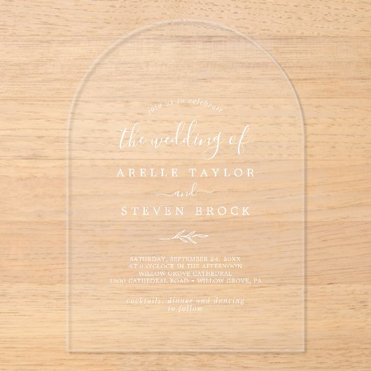 Minimale Leaf White Moderne einfache botanische Ho Acryleinladungen (Vorderseite)