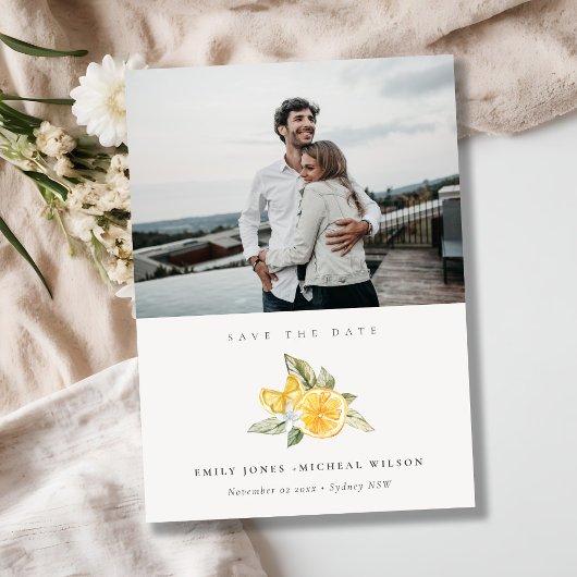 Minimale Lemon Botanisches Foto Save the Date Kart Dankeskarte