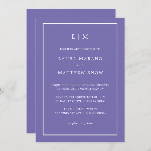 Minimale Lila Monogramm Einfache Hochzeit Einladung (Vorne/Hinten)