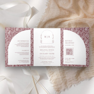 Minimale Line-Art-Blattbogen-Dusty-Rose-Hochzeit Dreifach Gefaltete Einladung