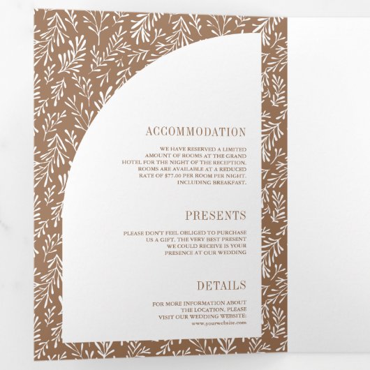Minimale Linie Art Leaf Arch Beige Hochzeit Dreifach Gefaltete Einladung (Innen Erste Seite)