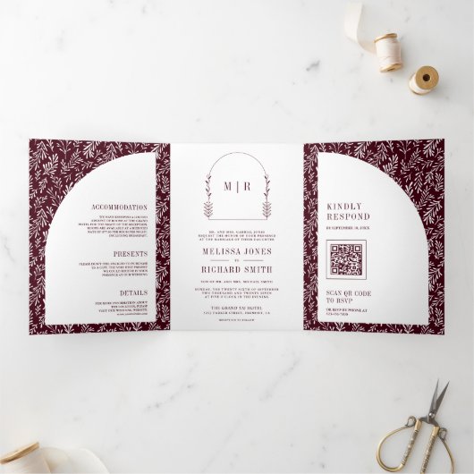 Minimale Linie Art Leaf Arch Burgund Hochzeit Dreifach Gefaltete Einladung (Innenseite)