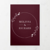 Minimale Linie Art Leaf Arch Burgund Hochzeit Dreifach Gefaltete Einladung (Cover)
