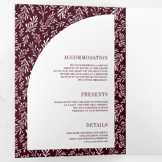 Minimale Linie Art Leaf Arch Burgund Hochzeit Dreifach Gefaltete Einladung (Innen Erste Seite)