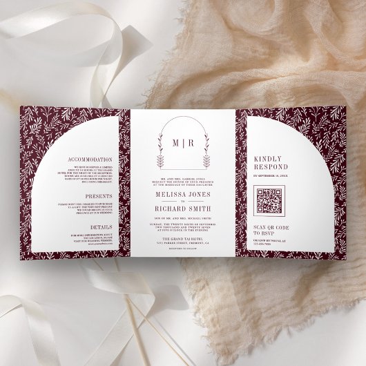 Minimale Linie Art Leaf Arch Burgund Hochzeit Dreifach Gefaltete Einladung