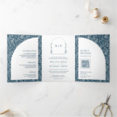 Minimale Linie Art Leaf Arch Dusty Blue Wedding Dreifach Gefaltete Einladung (Innenseite)