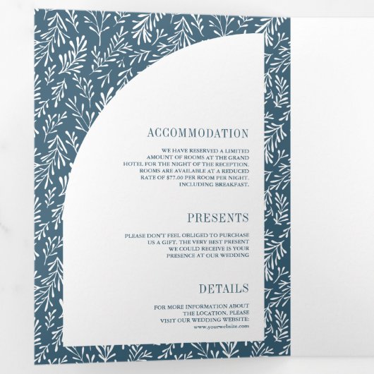 Minimale Linie Art Leaf Arch Dusty Blue Wedding Dreifach Gefaltete Einladung (Innen Erste Seite)