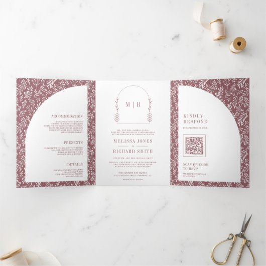 Minimale Linie Art Leaf Arch Dusty Rose Hochzeit Dreifach Gefaltete Einladung (Innenseite)