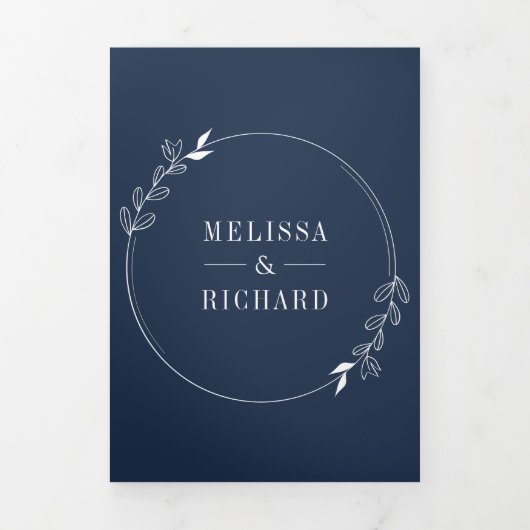 Minimale Linie Art Leaf Arch Navy Blue Wedding Dreifach Gefaltete Einladung (Cover)