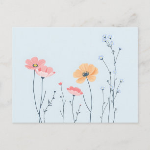 Minimale Linie Art Wildblumen auf Pastel Blue Postkarte