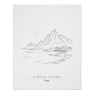 Minimale Lofoten-Inseln Linienkunst Druck Norweg