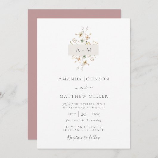 Minimale Mauve Watercolor Floral Monogram Wedding Einladung (Vorne/Hinten)