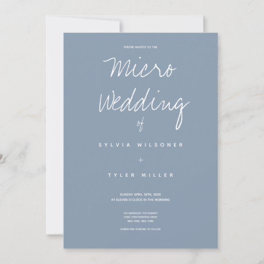 Minimale Mikro-Hochzeitblau-weiße Typografie (Vorderseite)