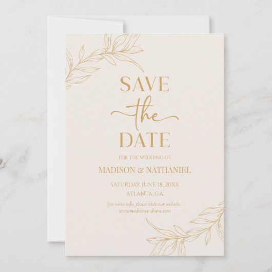 Minimale Minimalistische Beige Gold Branch Leaf Ho Save The Date (Vorderseite)