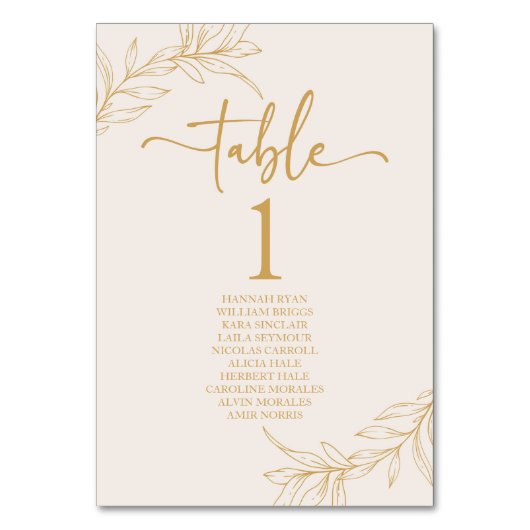 Minimale Minimalistische Beige Gold Branch Leaf Ho Tischnummer (Rückseite)