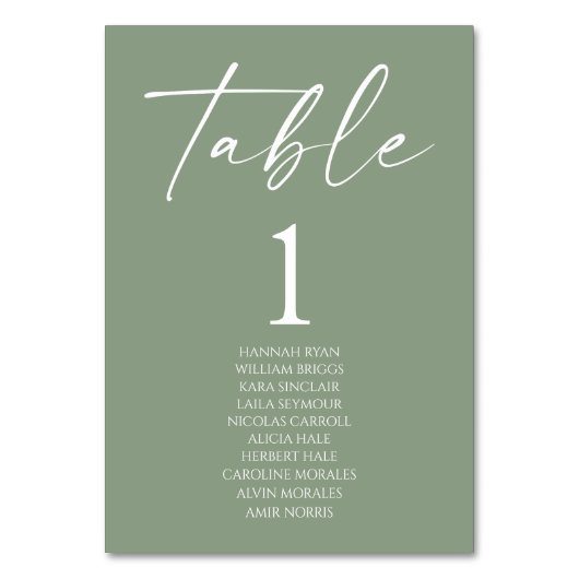 Minimale Minimalistische Elegant Sage Green Weddin Tischnummer (Rückseite)