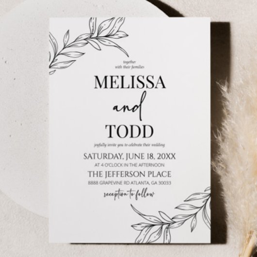 Minimale Minimalistische Schwarz-weiße Branch Leaf Einladung