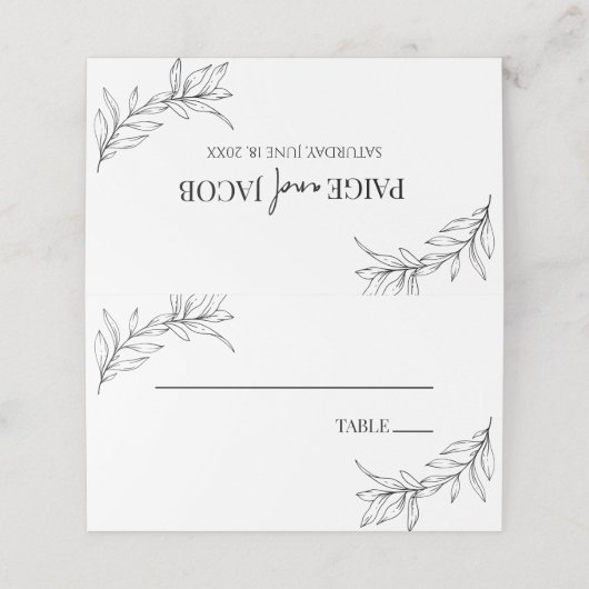 Minimale Minimalistische Schwarz-weiße Branch Leaf Platzkarte (Außenseite Aufgefaltet)