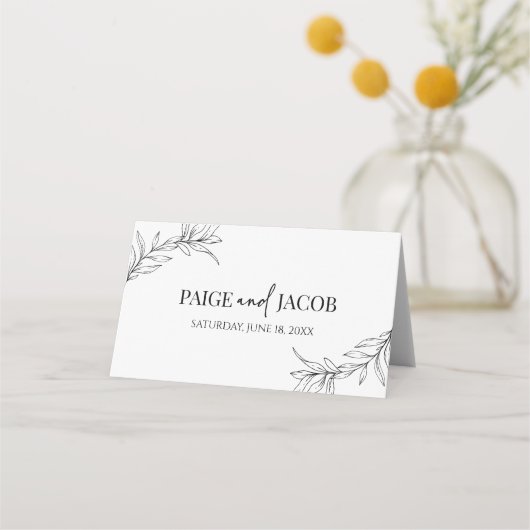 Minimale Minimalistische Schwarz-weiße Branch Leaf Platzkarte (Rückseite)