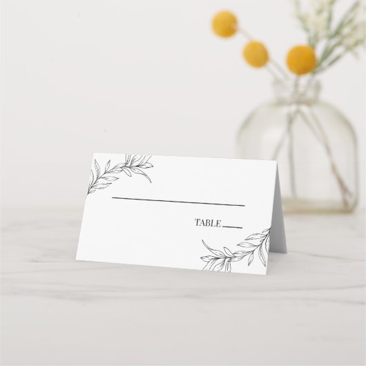 Minimale Minimalistische Schwarz-weiße Branch Leaf Platzkarte (Vorderseite)