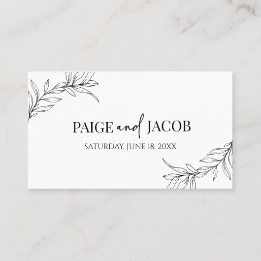 Minimale Minimalistische Schwarz-weiße Branch Leaf Platzkarte (Rückseite)