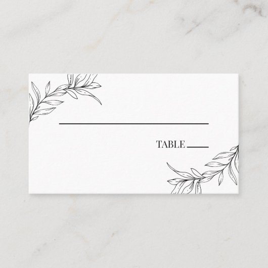 Minimale Minimalistische Schwarz-weiße Branch Leaf Platzkarte (Vorderseite)